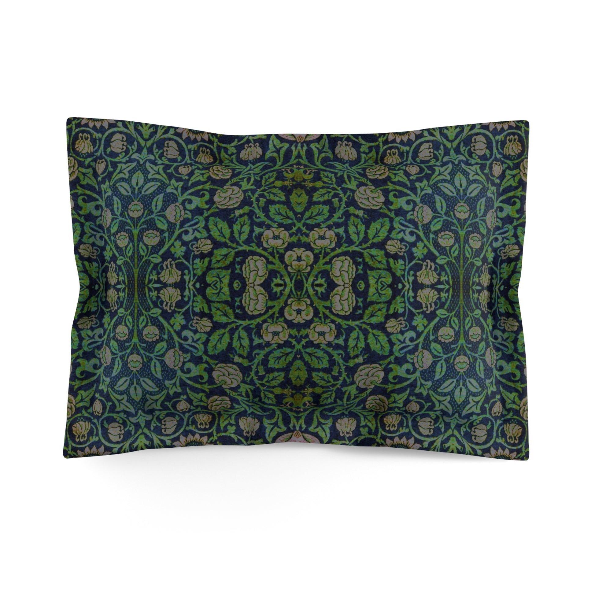 Pillow sham with a floral design in green, inspired by William Morris' Violet and Columbine Collection.