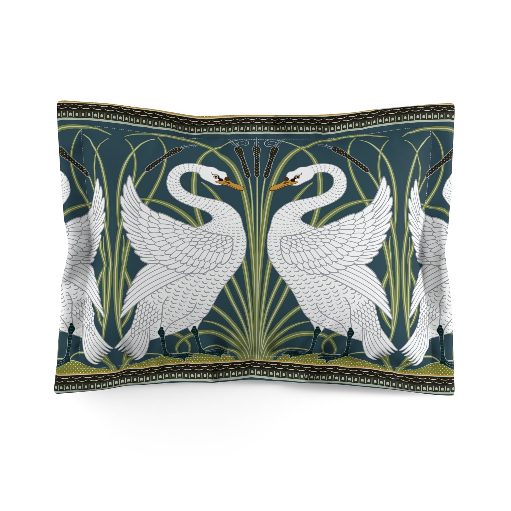 Decorative pillow with swan design on a dark green background