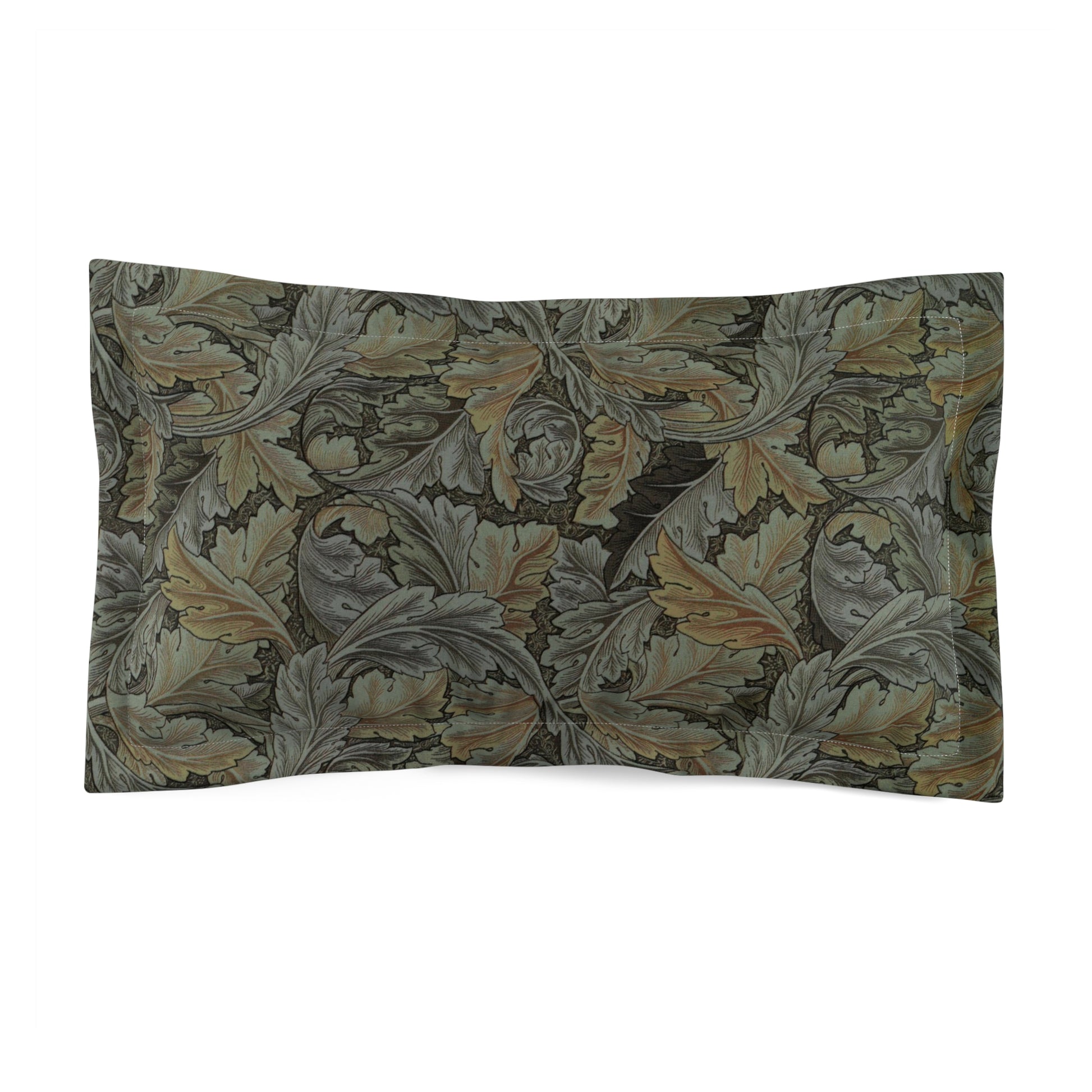 Pillow sham with a floral design inspired by William Morris in grey colors on a standard king-sized pillow.