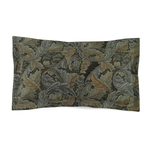 Pillow sham with a floral design inspired by William Morris in grey colors on a standard king-sized pillow.