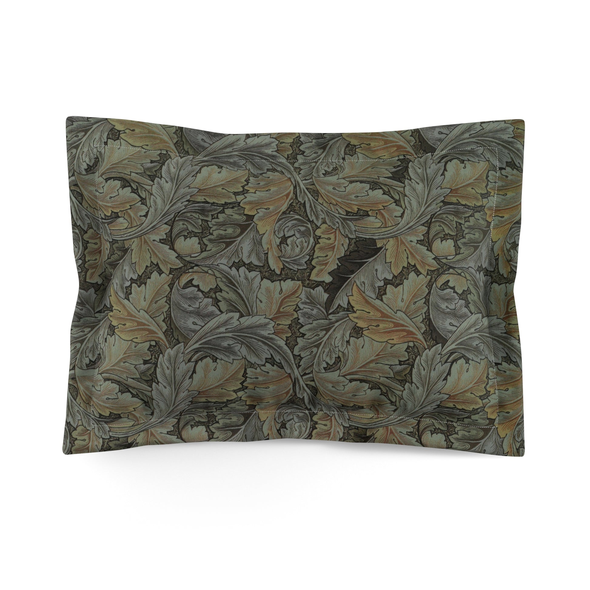 Pillow sham with a floral design inspired by William Morris in grey colours on a standard king-sized pillow.
