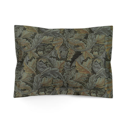 Pillow sham with a floral design inspired by William Morris in grey colours on a standard king-sized pillow.
