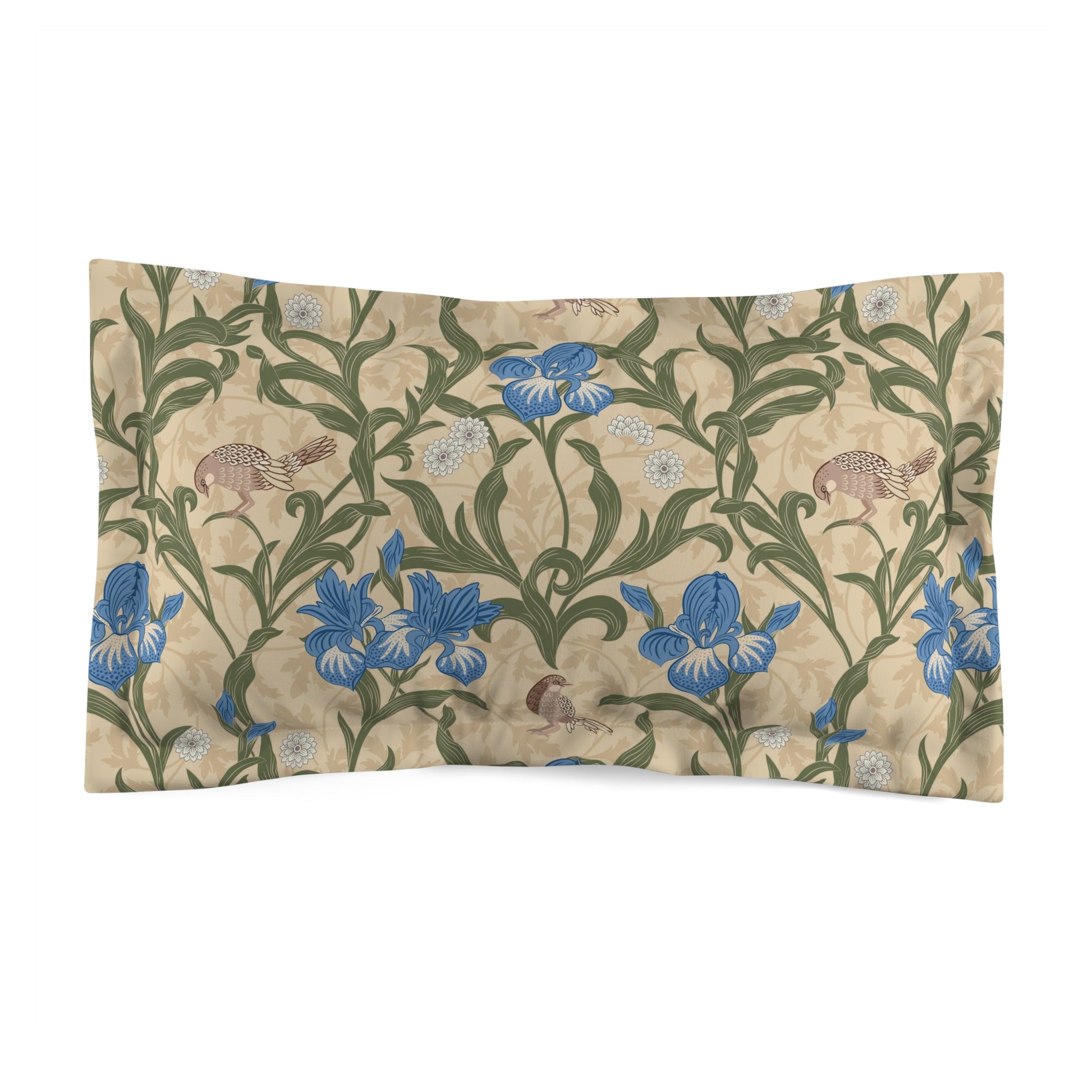 Pillow sham with a floral design inspired by William Morris in blue, beige, and green colors on a cream background.