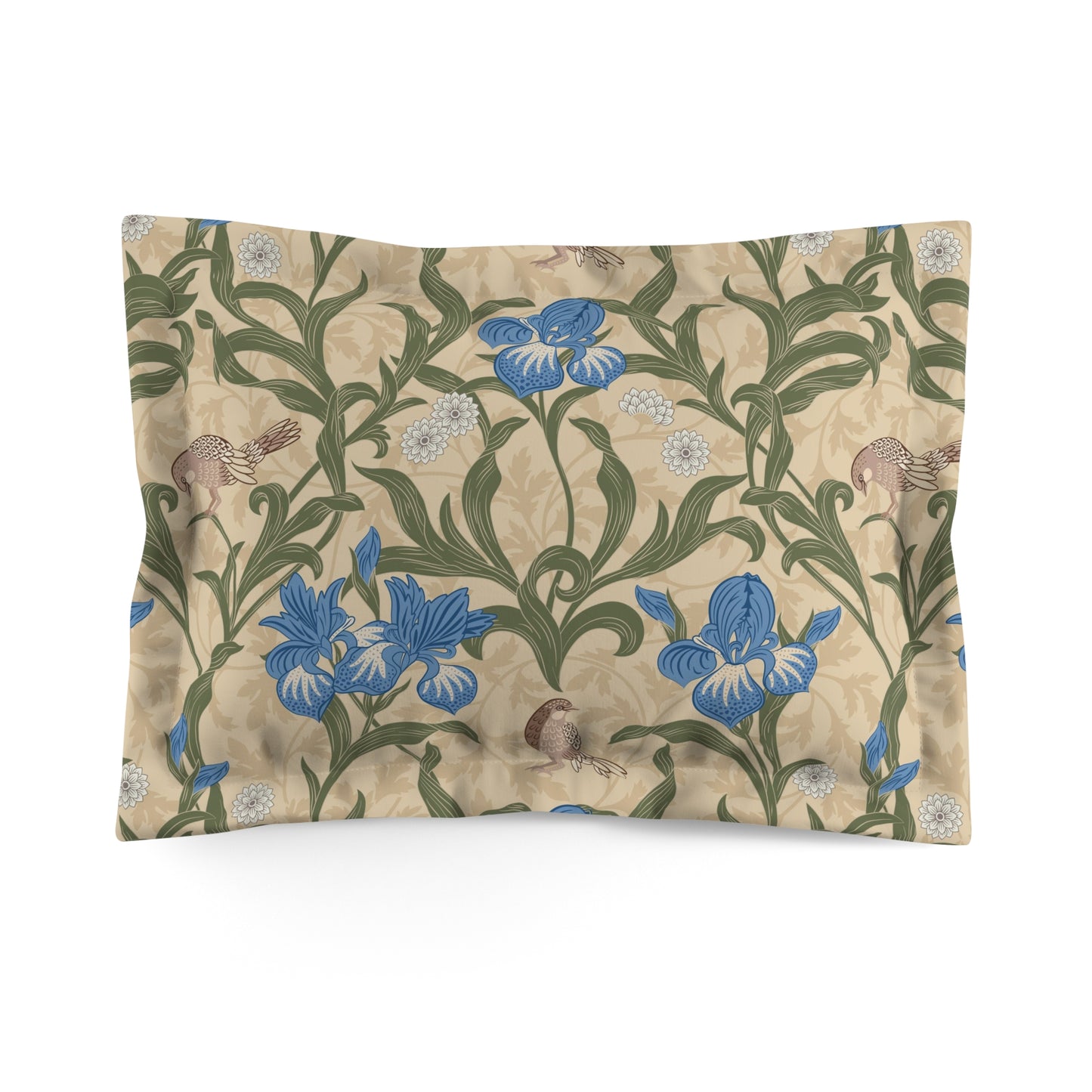 Pillow sham with a floral design inspired by William Morris in blue, beige, and green colors on a cream background.