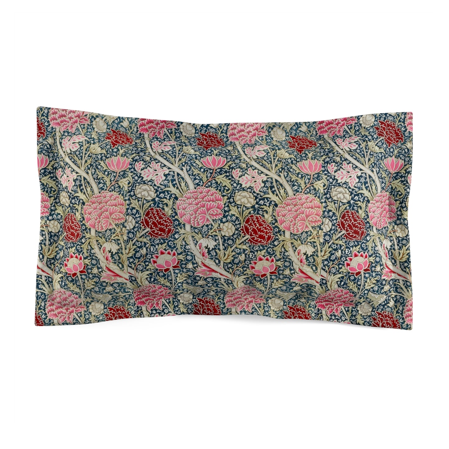 A rectangular pillow sham with a floral pattern inspired by William Morris's classic designs, featuring predominantly pink and blue tones.