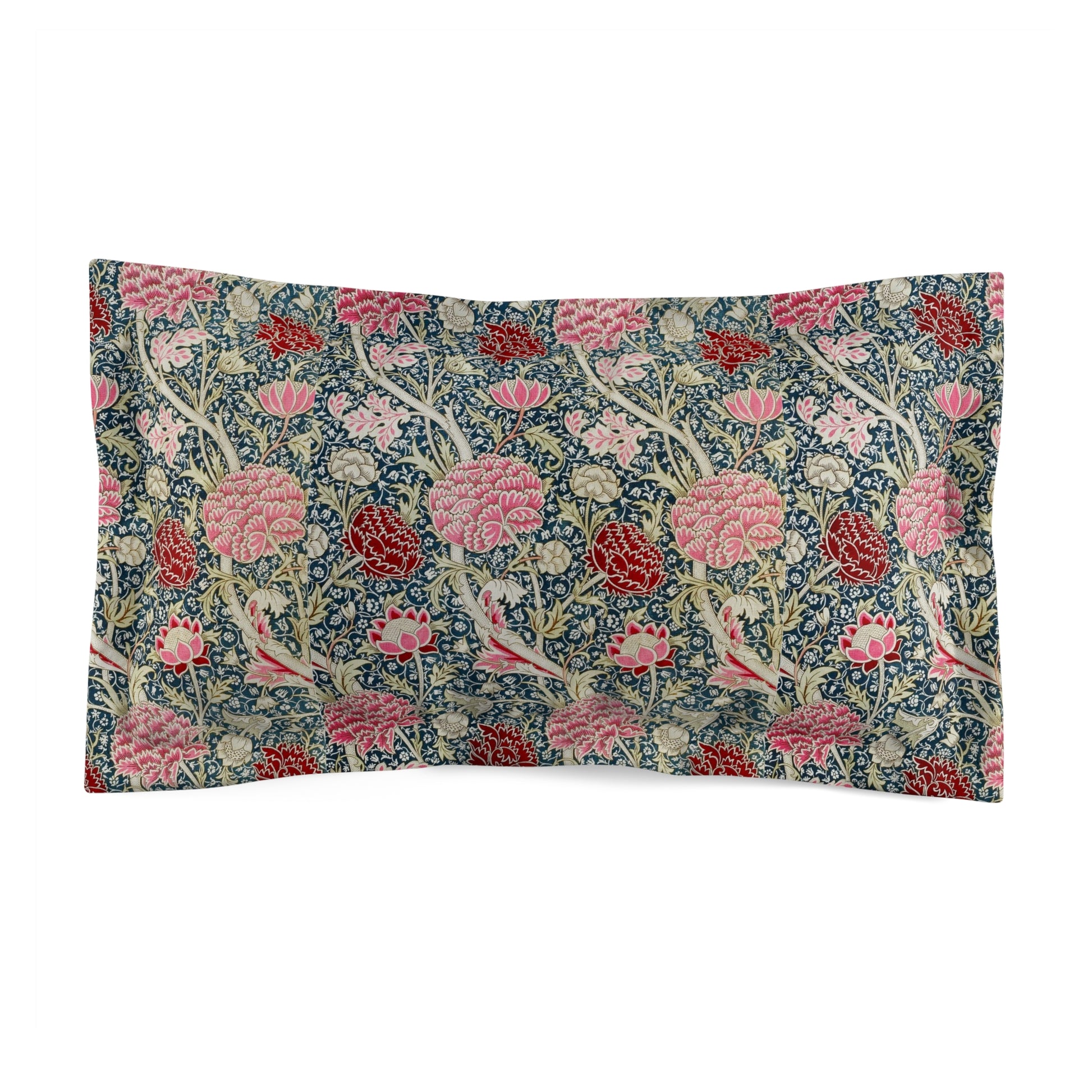 A rectangular pillow sham with a floral pattern inspired by William Morris's classic designs, featuring predominantly pink and blue tones.
