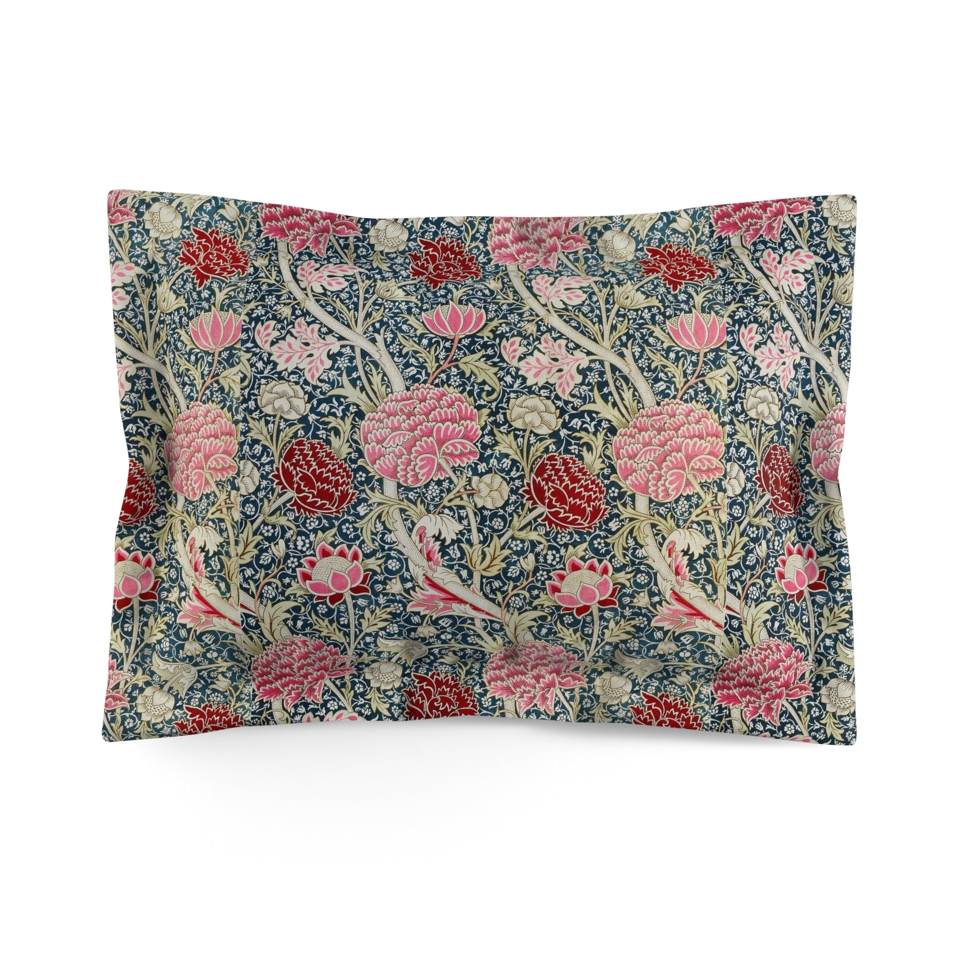 A rectangular pillow sham with a floral pattern inspired by William Morris's classic designs, featuring predominantly pink and blue tones.