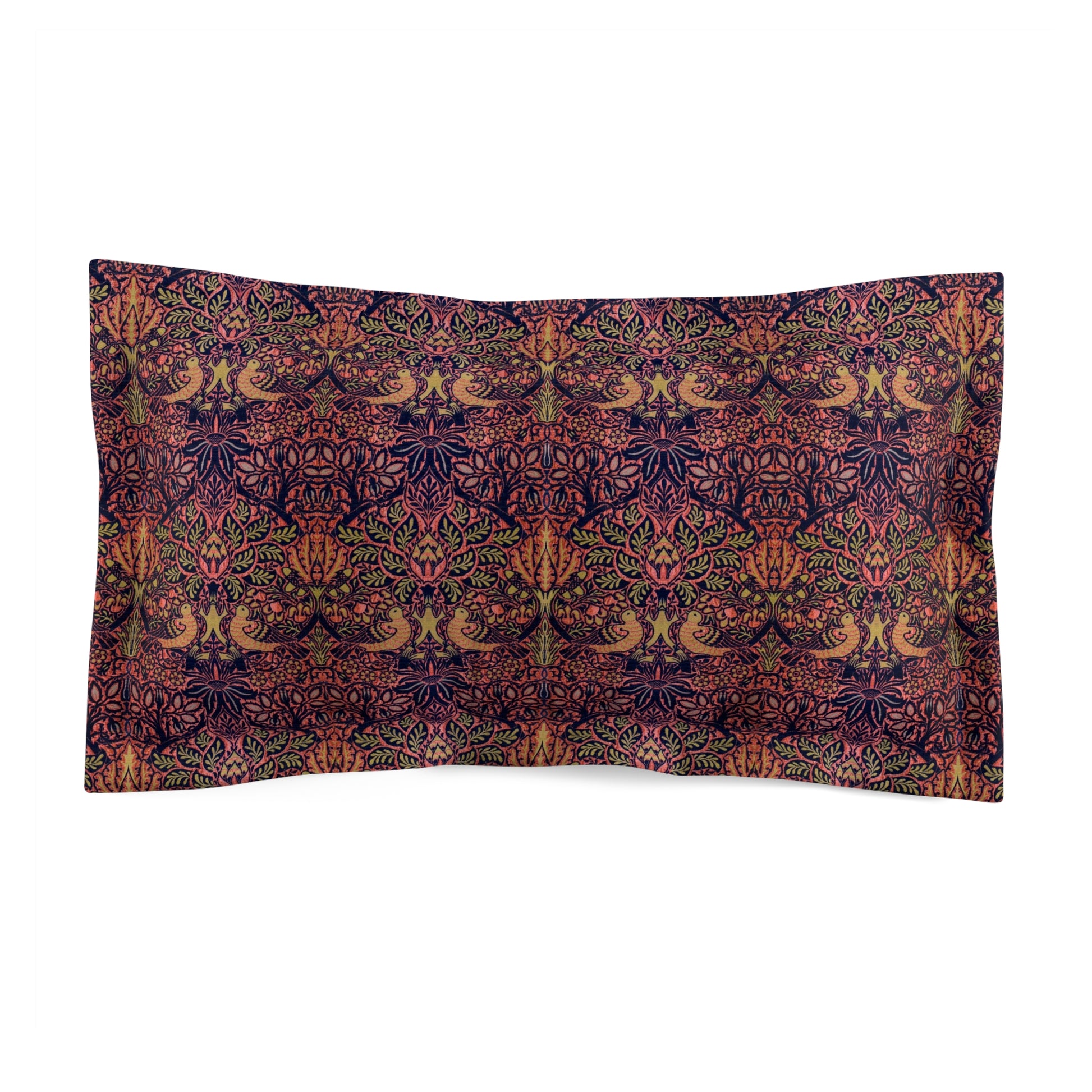 Pillow sham with a floral design inspired by William Morris, featuring a pattern with flowers and birds in rich colors on a cream background.