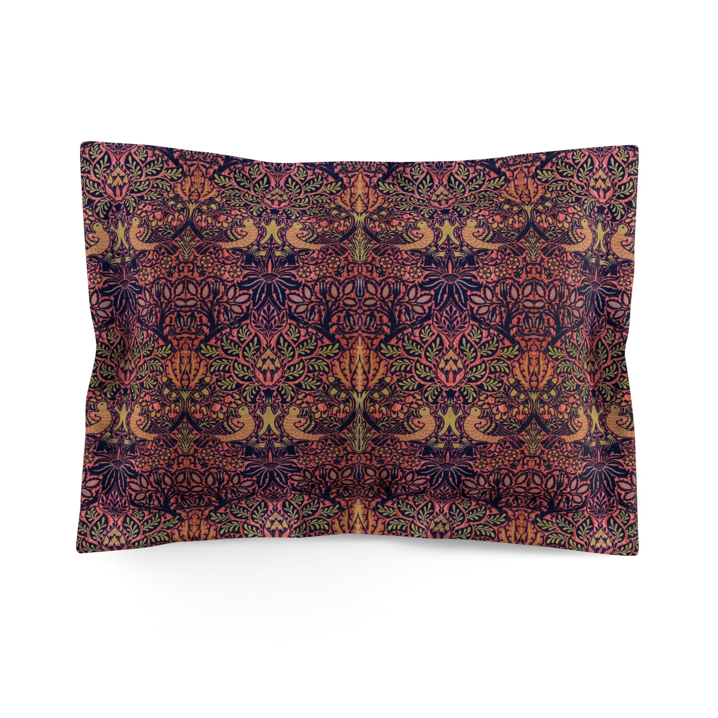 Pillow sham with a floral design inspired by William Morris, featuring a pattern with flowers and birds in rich colours on a cream background.