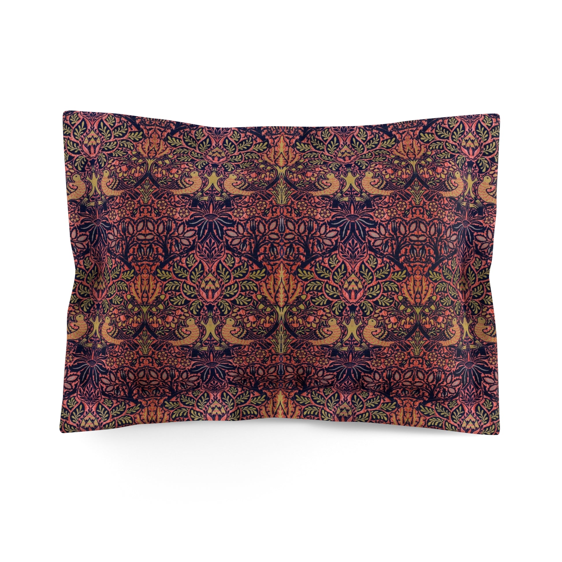 Pillow sham with a floral design inspired by William Morris, featuring a pattern with flowers and birds in rich colours on a cream background.