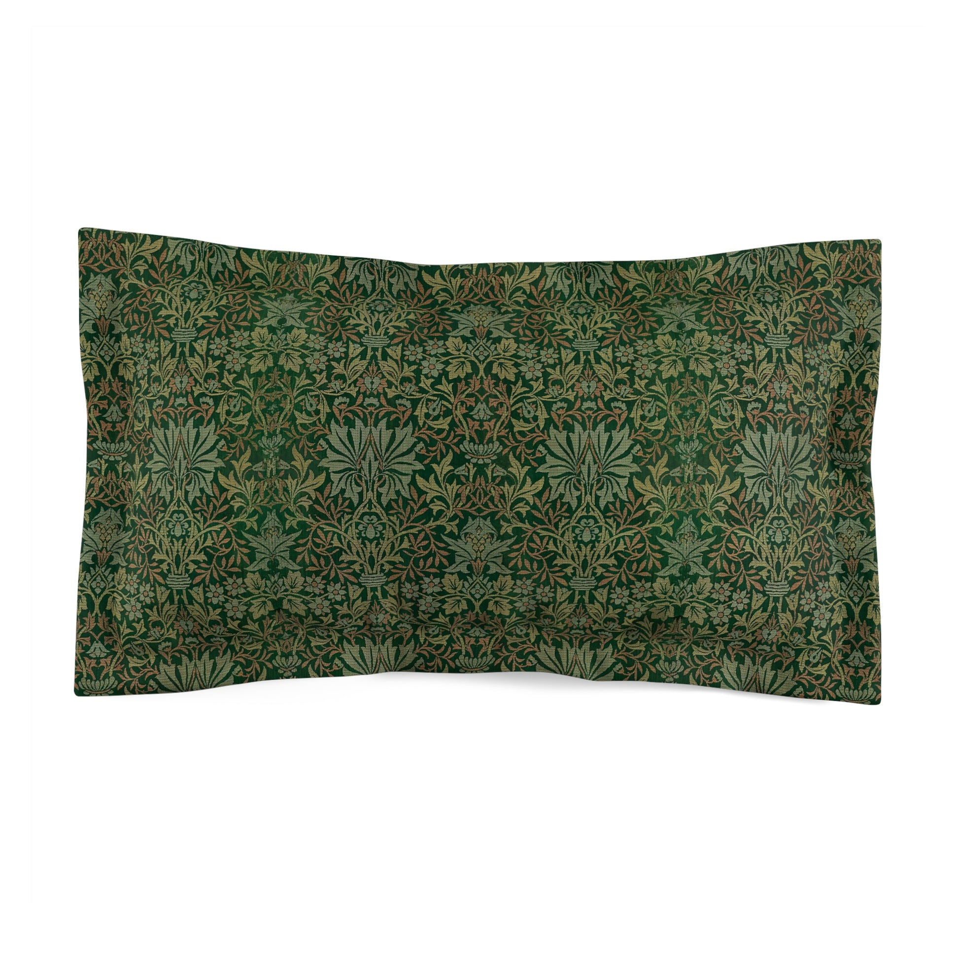 Pillow sham with a floral design inspired by William Morris in green and brown colors on a white background.