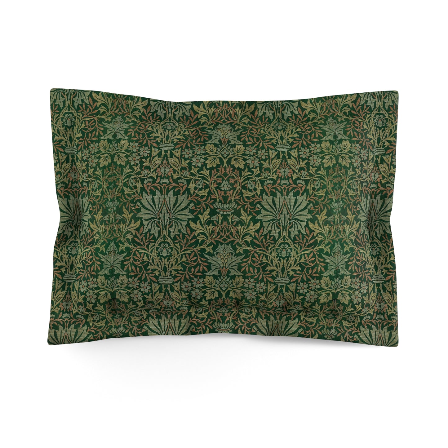 Pillow sham with a floral design inspired by William Morris in green and brown colours on a white background.