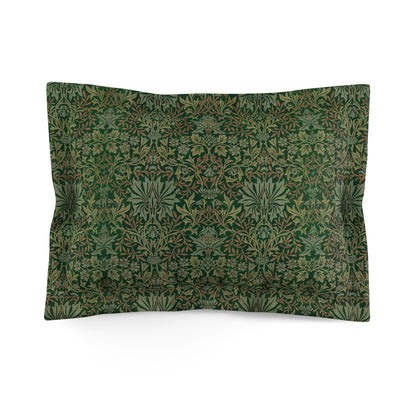 Pillow sham with a floral design inspired by William Morris in green and brown colours on a white background.
