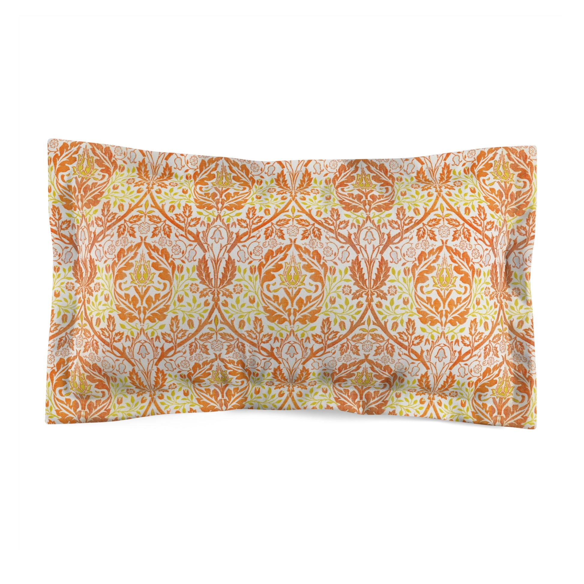 Pillow sham with a floral design inspired by William Morris, in orange, yellow, and green hues on a dark background.