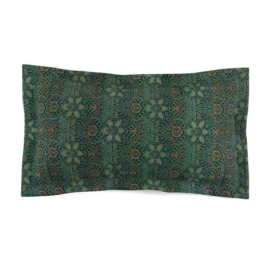 A rectangular pillow sham with a floral design in green and brown colors, inspired by William Morris.