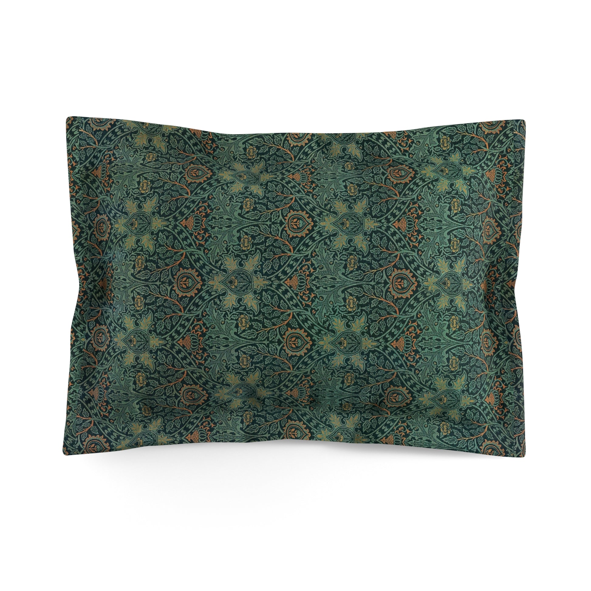 A rectangular pillow sham with a floral design in green and brown colours, inspired by William Morris.