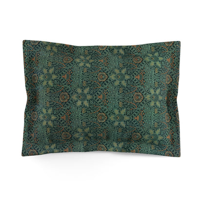 A rectangular pillow sham with a floral design in green and brown colours, inspired by William Morris.