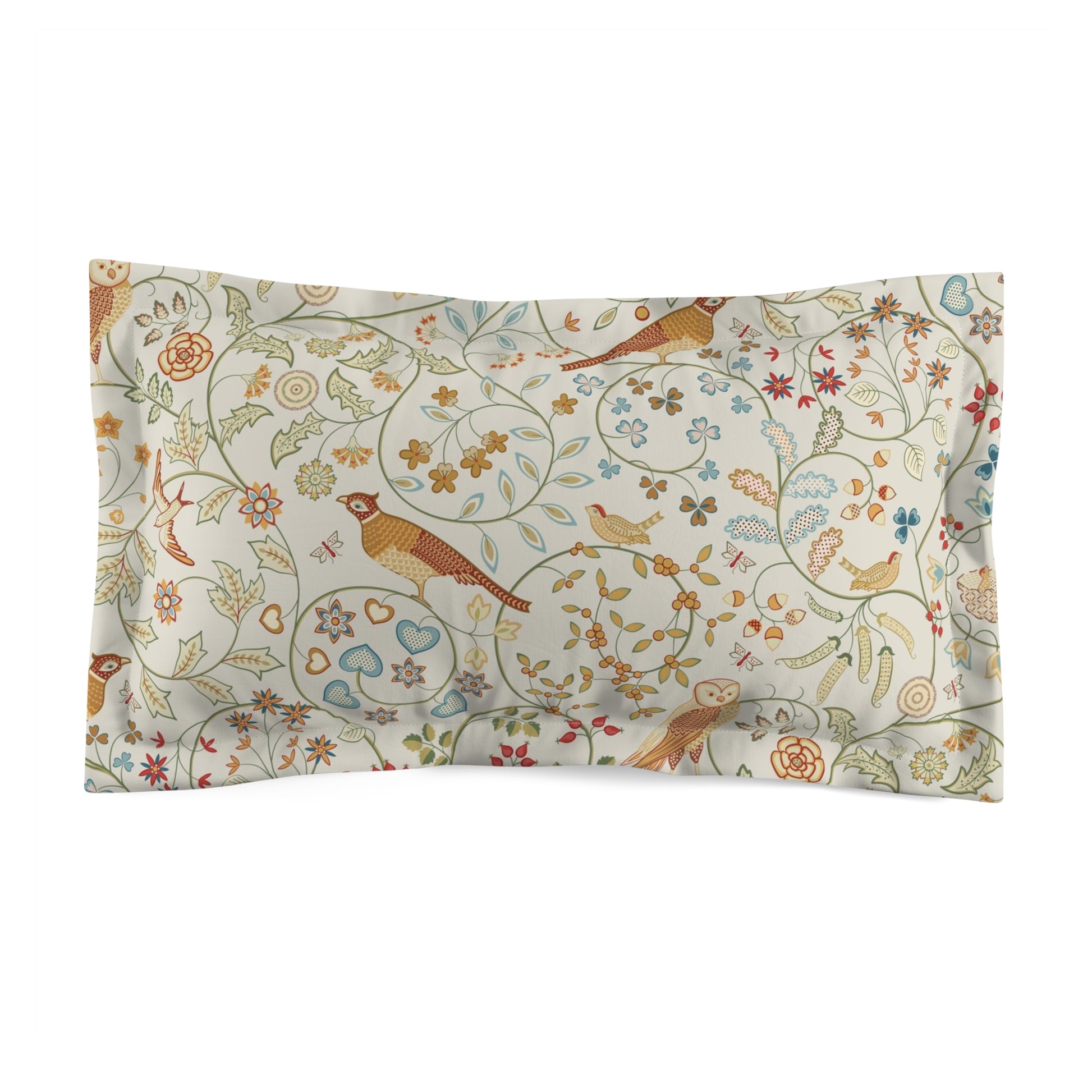 Floral and bird patterned pillowcase on a white background