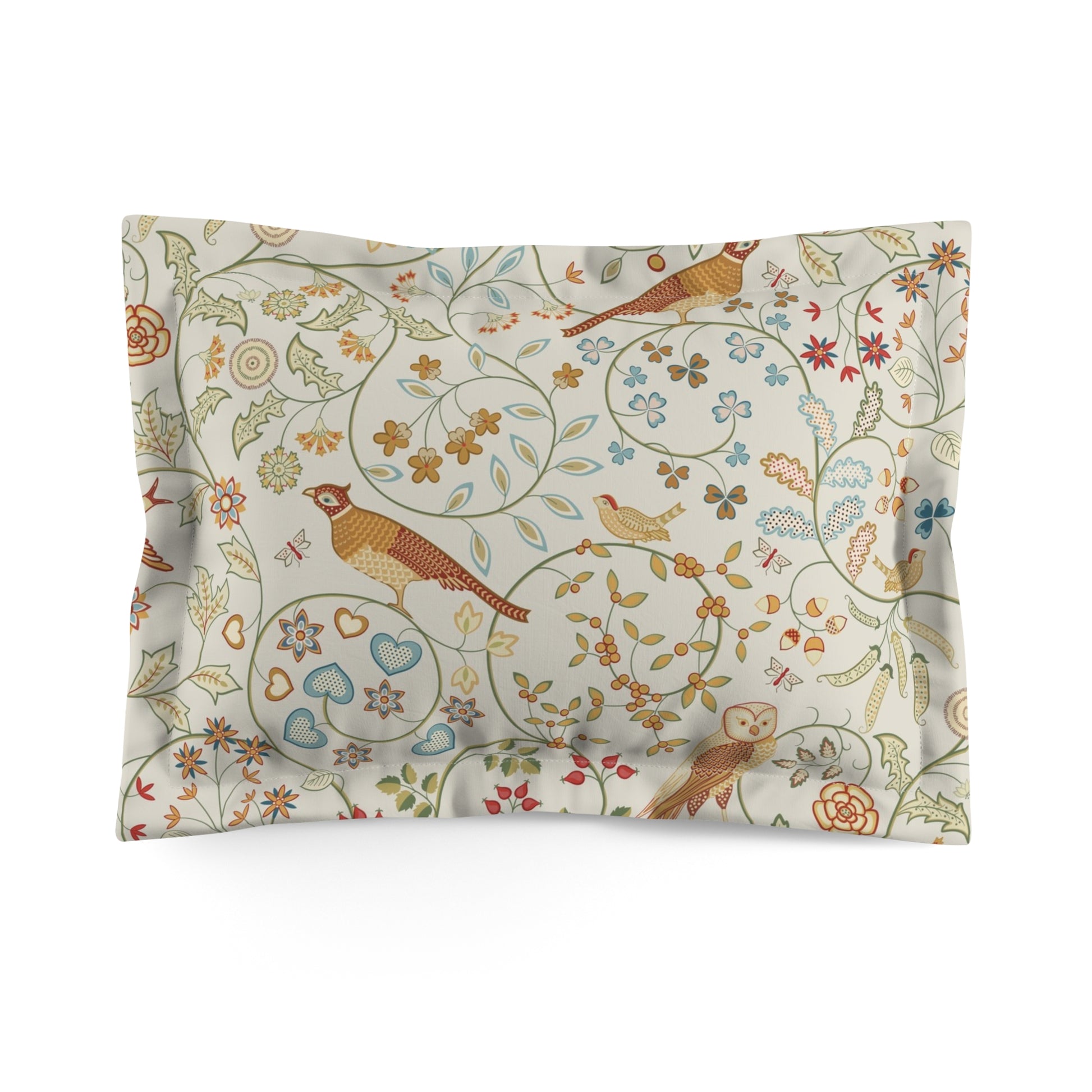 Decorative pillow with bird and floral pattern on a white background