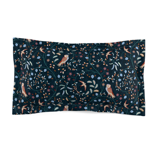 Pillowcase with bird and floral pattern on a dark blue background