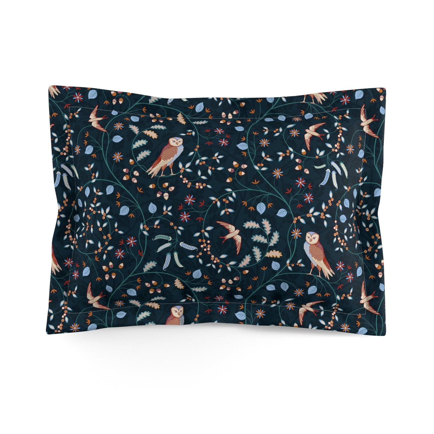 Pillowcase with nature-themed design featuring birds and plants on a dark background
