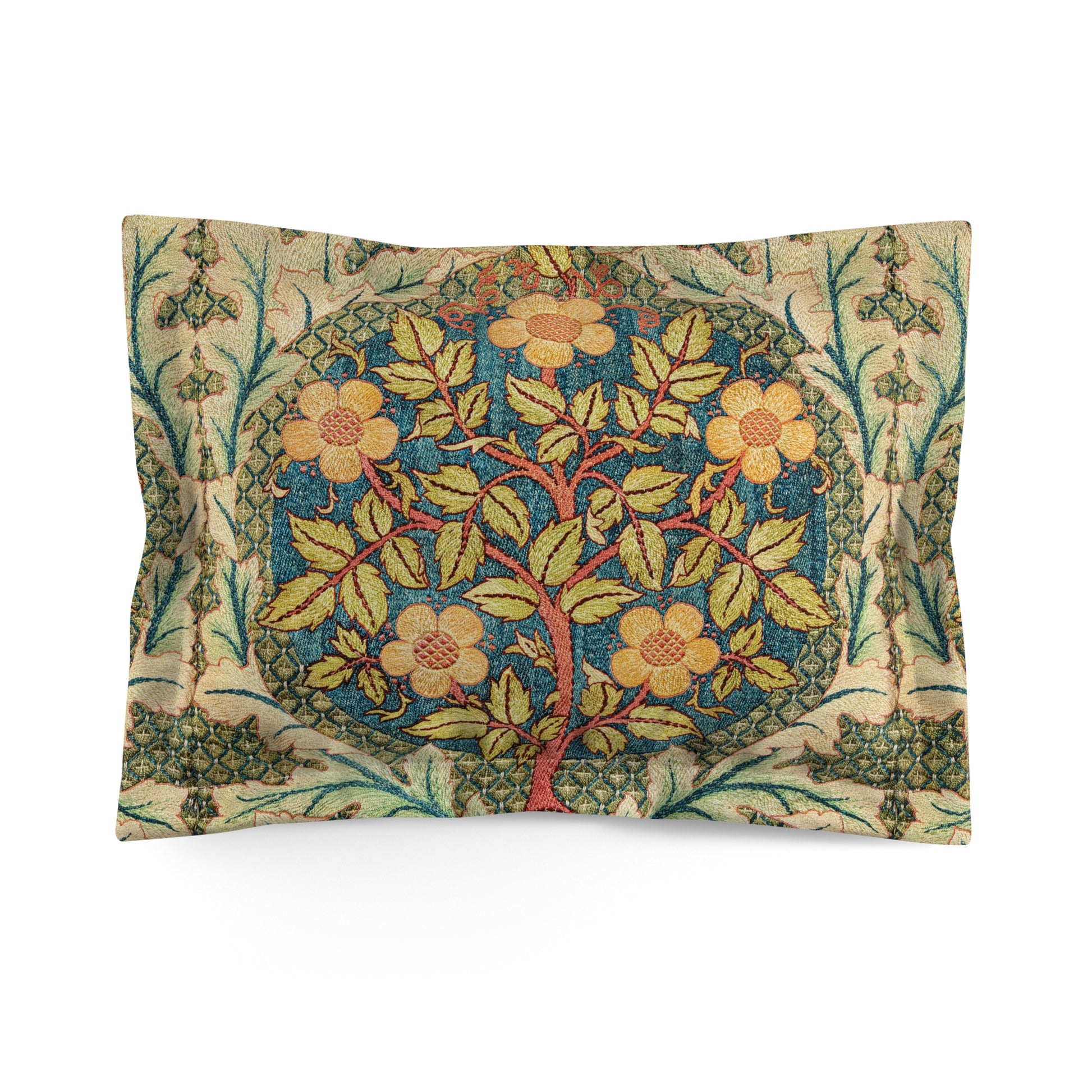 A folded pillow sham with a floral design inspired by William Morris.
