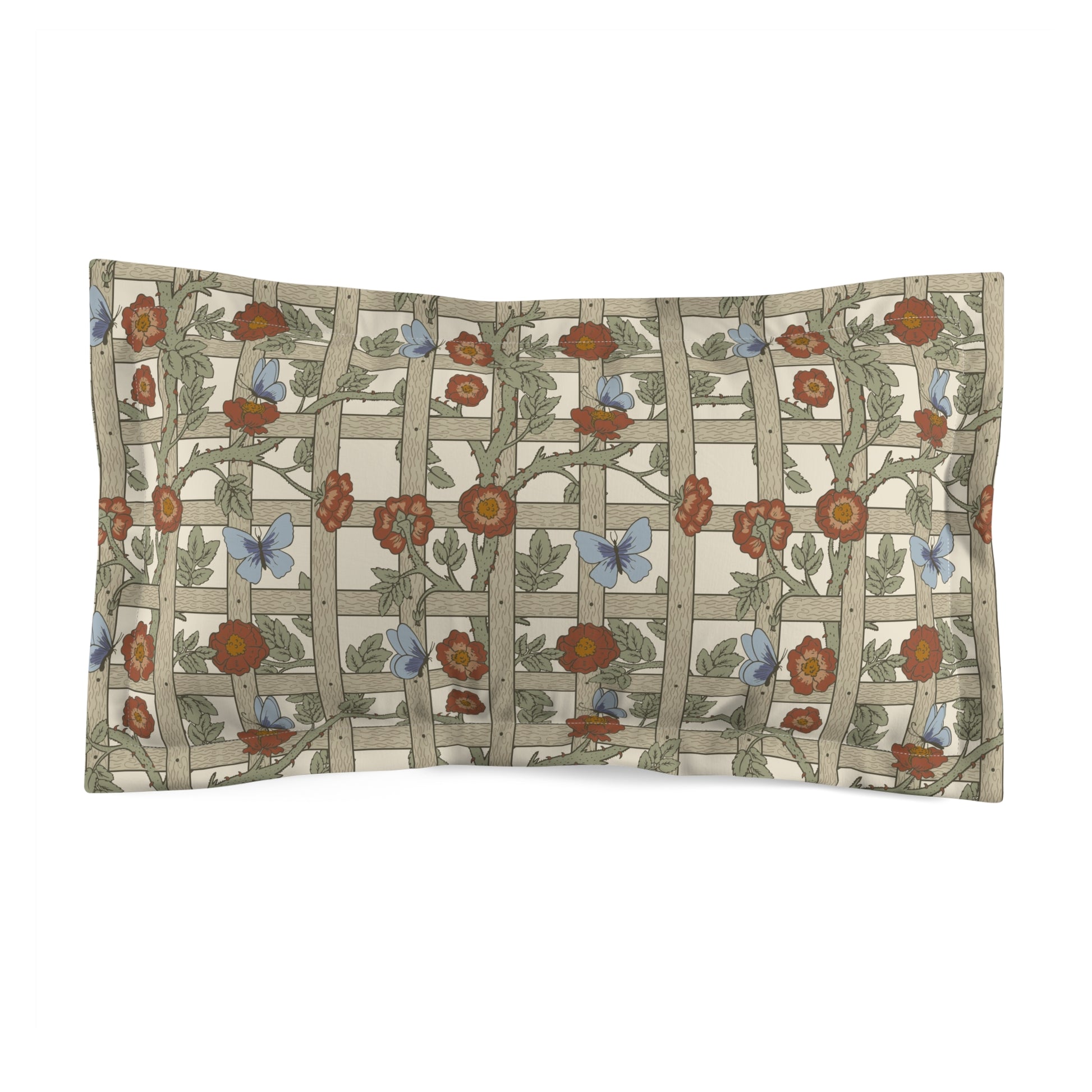 Decorative pillow with floral and butterfly pattern on a white background