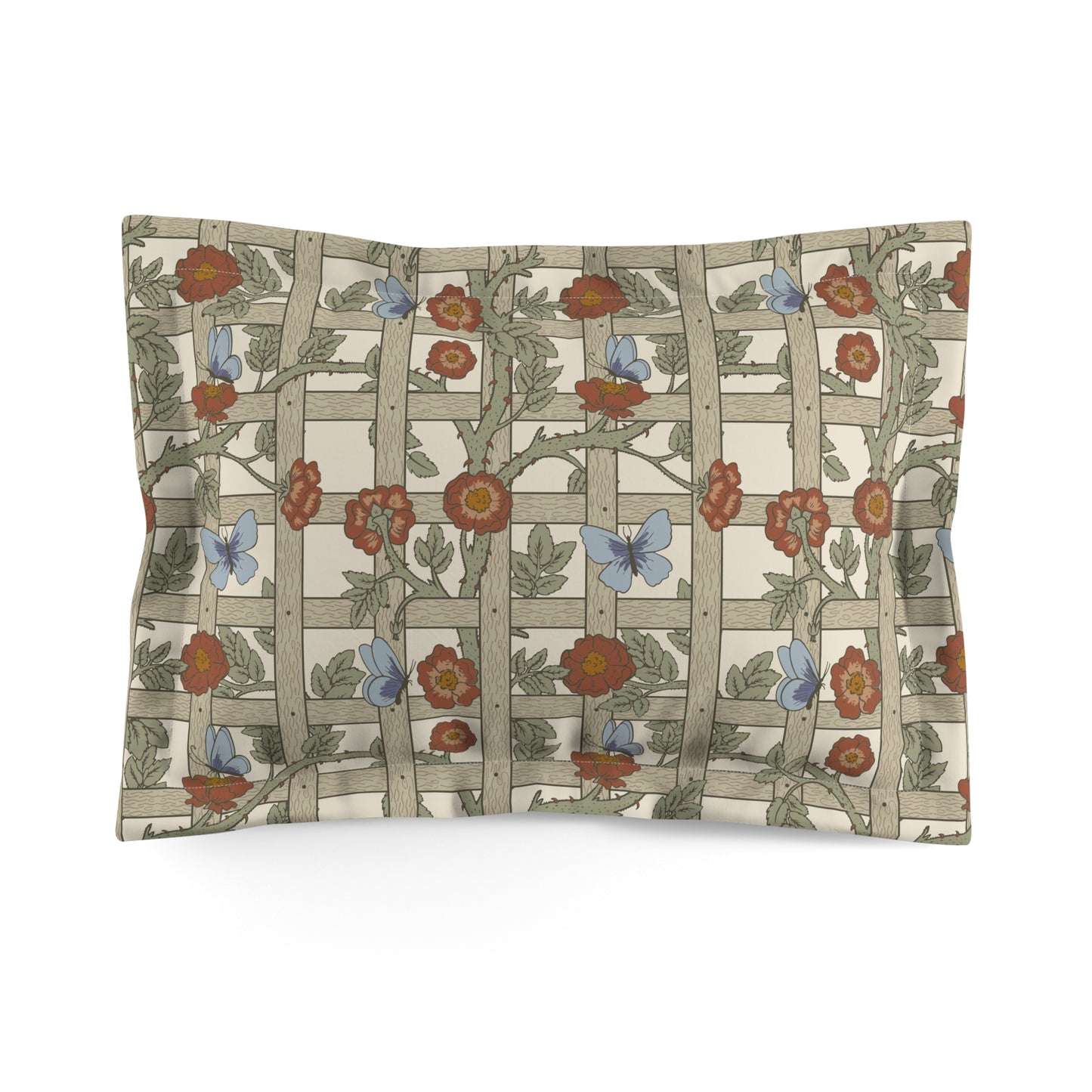 Decorative pillow with floral and butterfly pattern on a beige background