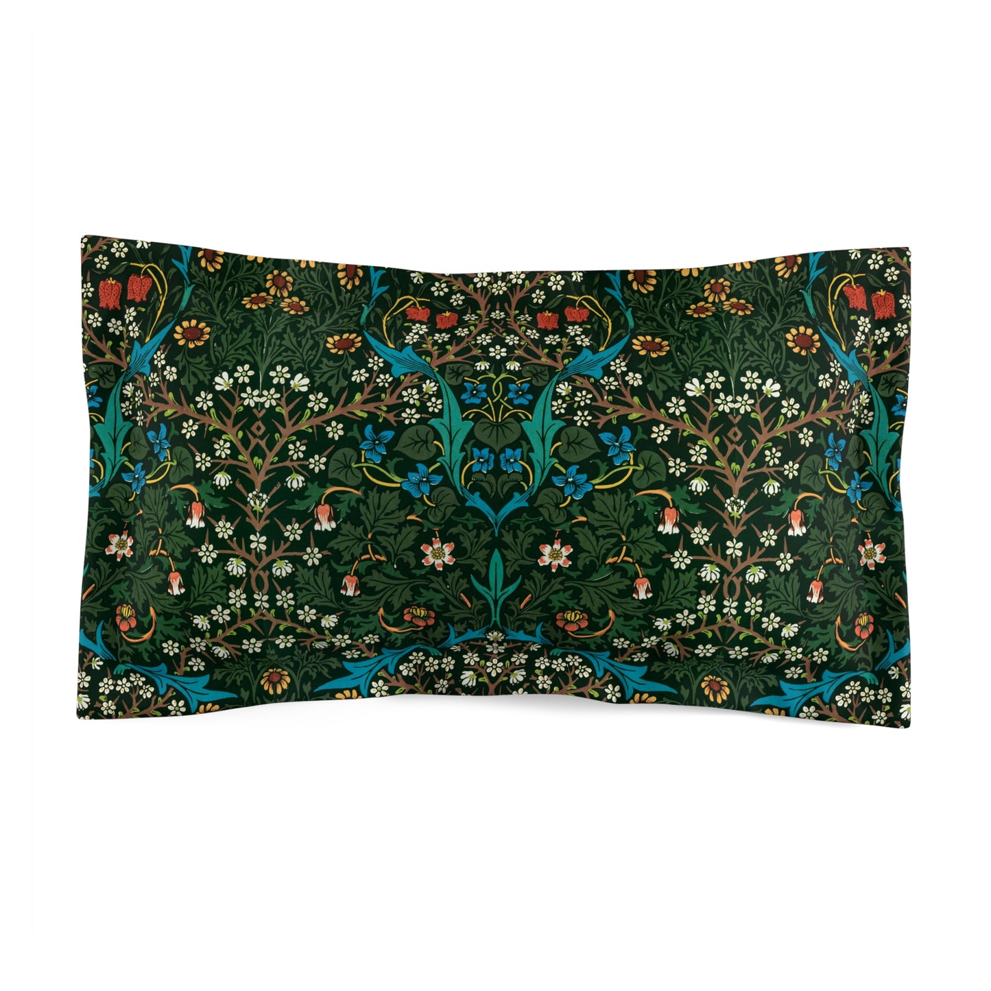 Pillow sham with a floral design inspired by William Morris in red, green, and blue colors on a dark background.