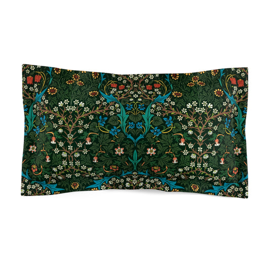 Pillow sham with a floral design inspired by William Morris in red, green, and blue colors on a dark background.