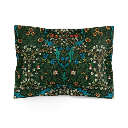 Pillow sham with a floral design inspired by William Morris in red, green, and blue colors on a dark background.