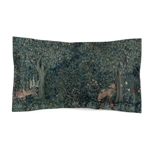 A woven microfiber pillow sham featuring a floral design with foxes and rabbits in a greenery collection.