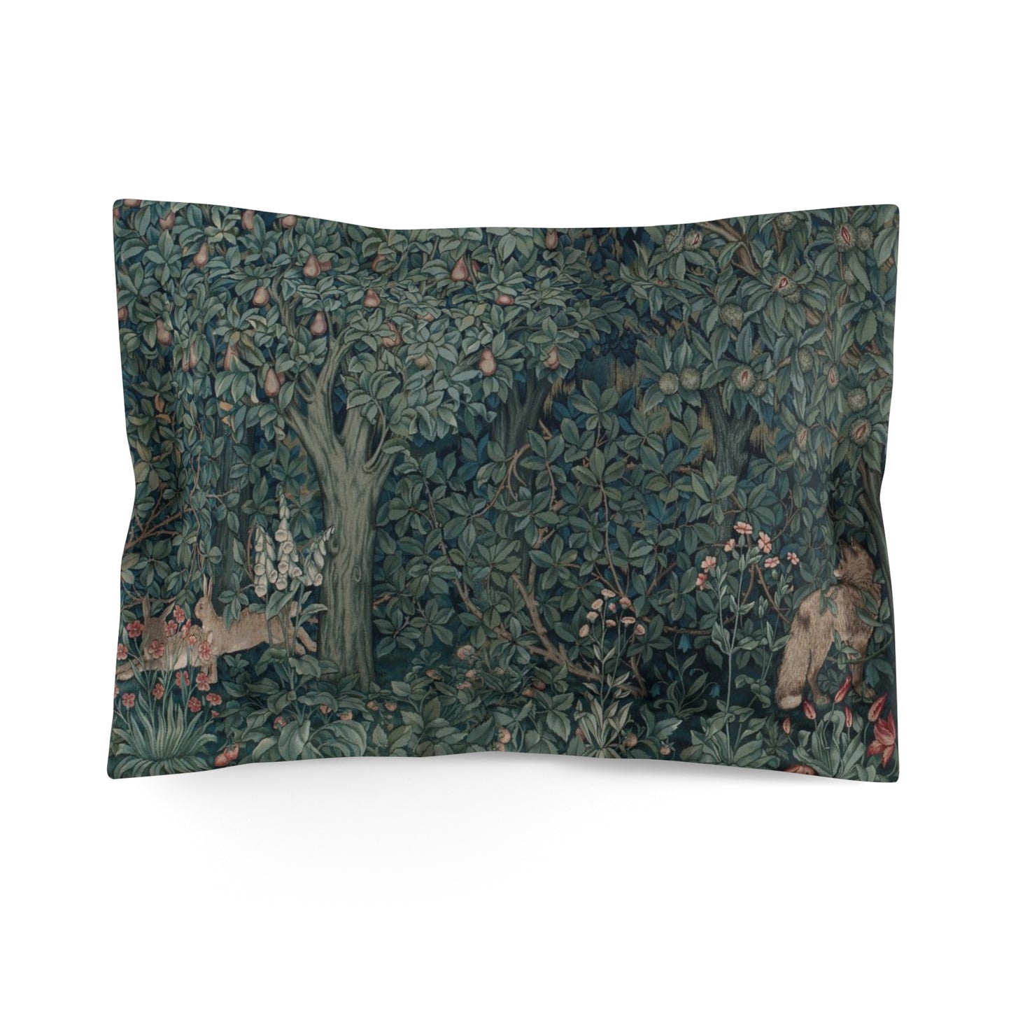 A woven microfiber pillow sham featuring a floral design with foxes and rabbits in a greenery collection.