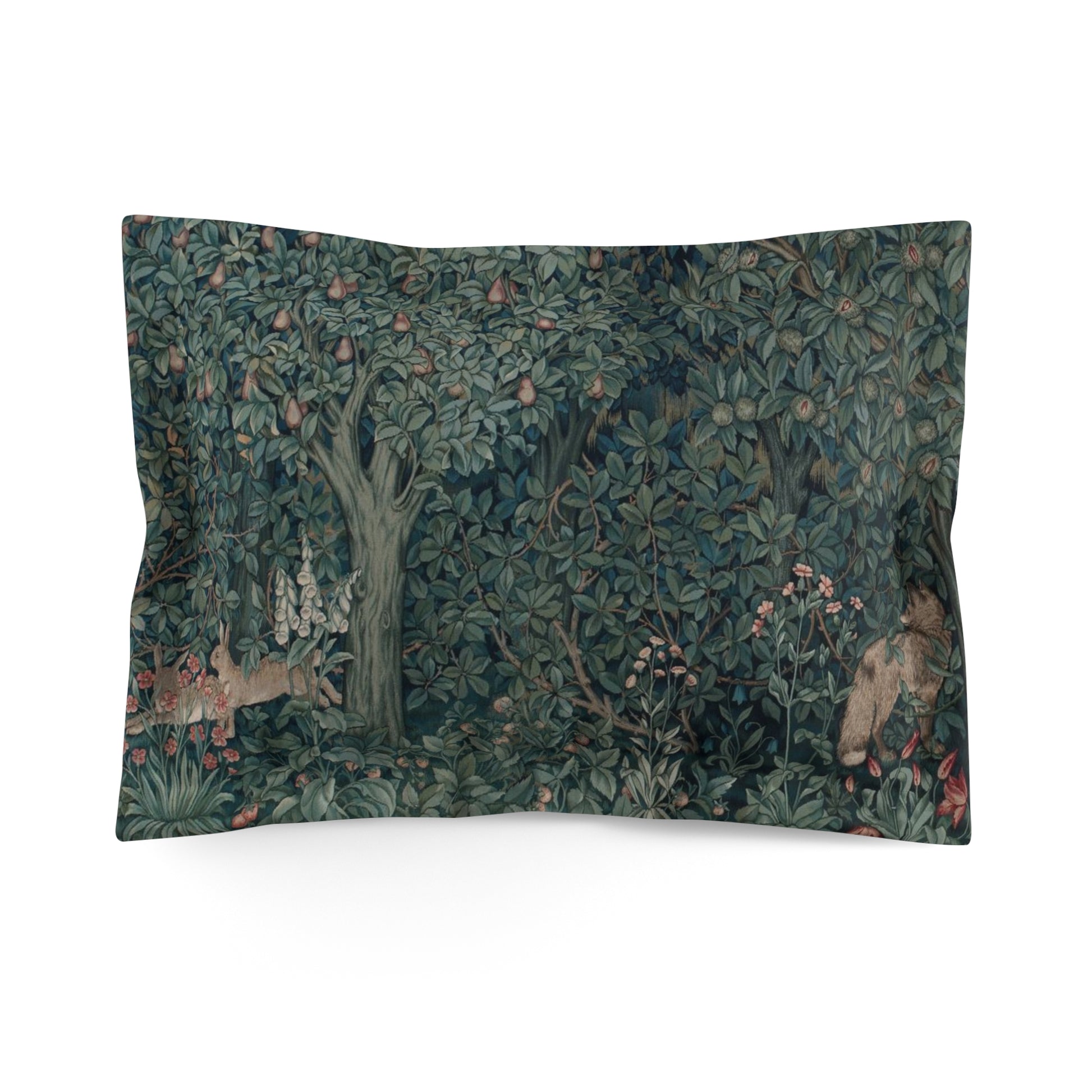 A woven microfiber pillow sham featuring a floral design with foxes and rabbits in a greenery collection.