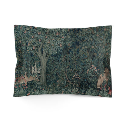 A woven microfiber pillow sham featuring a floral design with foxes and rabbits in a greenery collection.