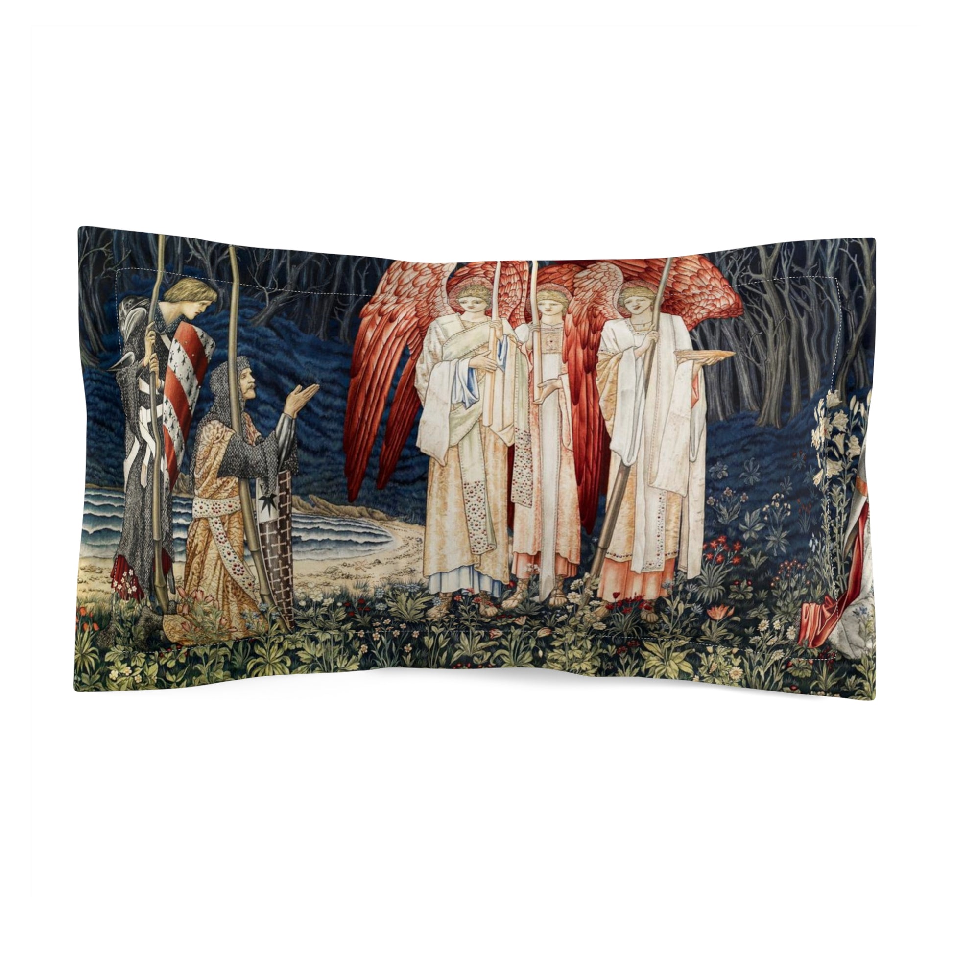 A pillow sham featuring a floral design with red and white colours and an angelic figure in the foreground speaking to a figure in the background, set against a dark background.