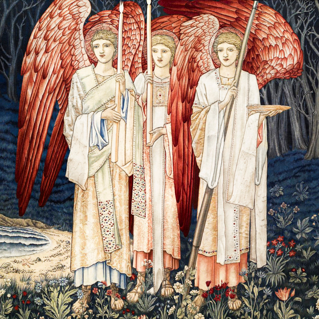 A pillow sham featuring a floral design with red and white colours and an angelic figure in the foreground speaking to a figure in the background, set against a dark background.