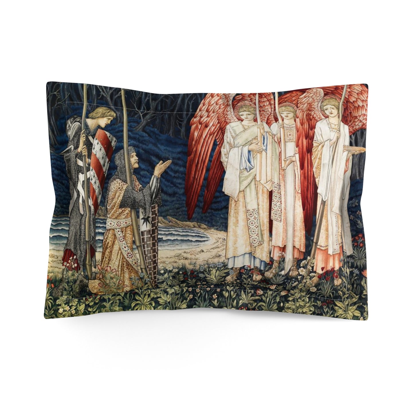 A pillow sham featuring a floral design with red and white colours and an angelic figure in the foreground speaking to a figure in the background, set against a dark background.