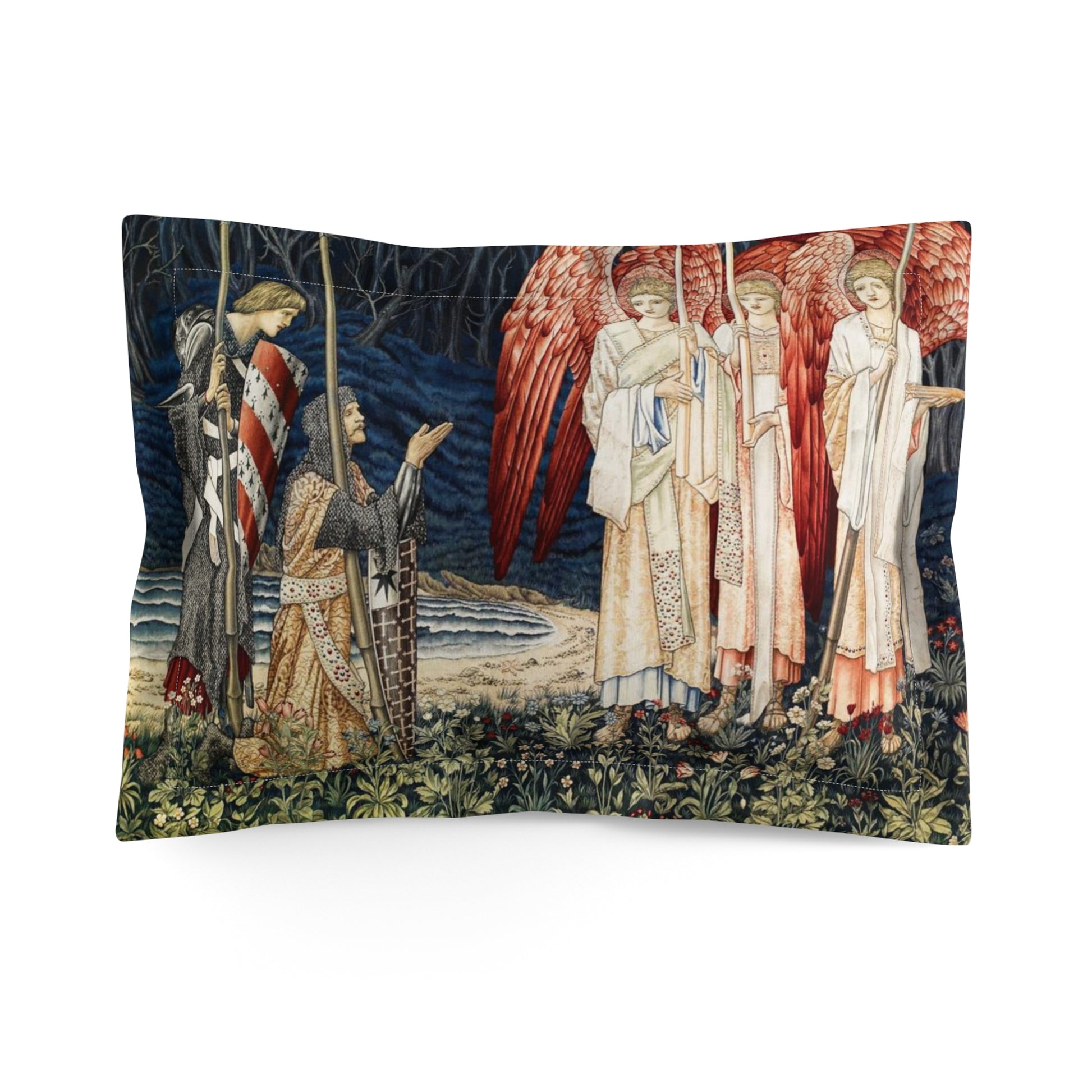 A pillow sham featuring a floral design with red and white colours and an angelic figure in the foreground speaking to a figure in the background, set against a dark background.