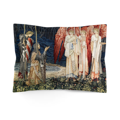 A pillow sham featuring a floral design with red and white colours and an angelic figure in the foreground speaking to a figure in the background, set against a dark background.