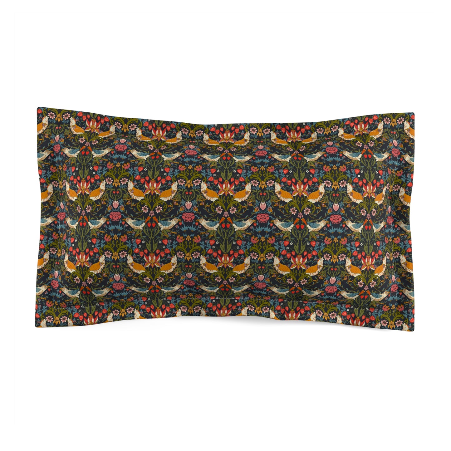 Pillow sham with a floral design inspired by William Morris, featuring a mix of colorful flowers and birds on a dark background.