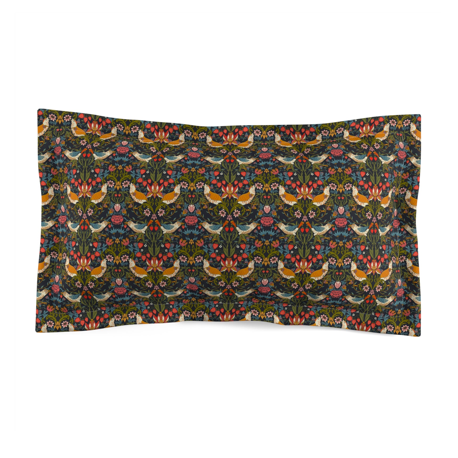 Pillow sham with a floral design inspired by William Morris, featuring a mix of colorful flowers and birds on a dark background.