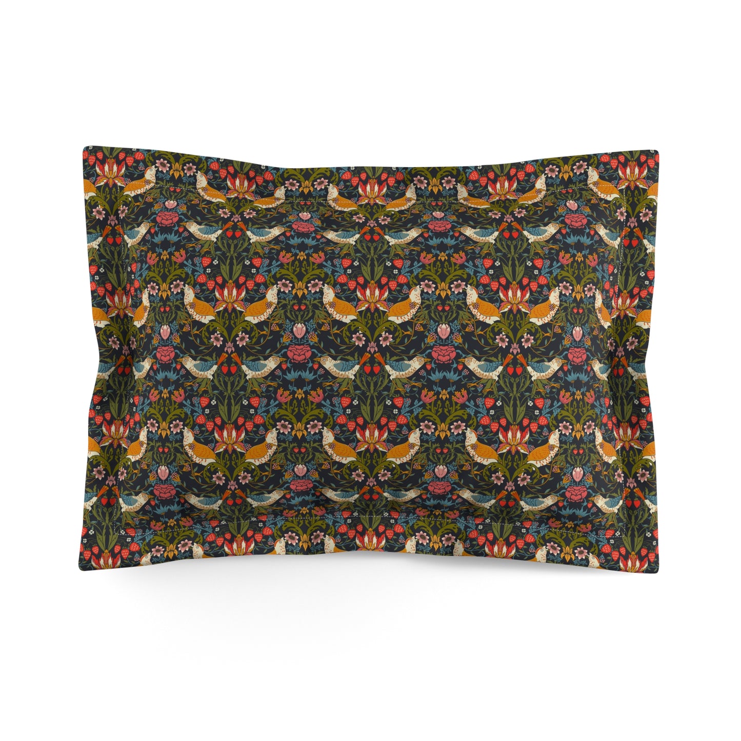 Pillow sham with a floral design inspired by William Morris, featuring a mix of colorful flowers and birds on a dark background.