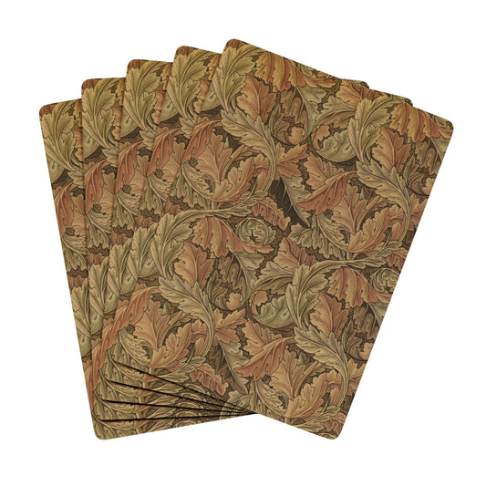 Set of five leaf-patterned placemats on a white background