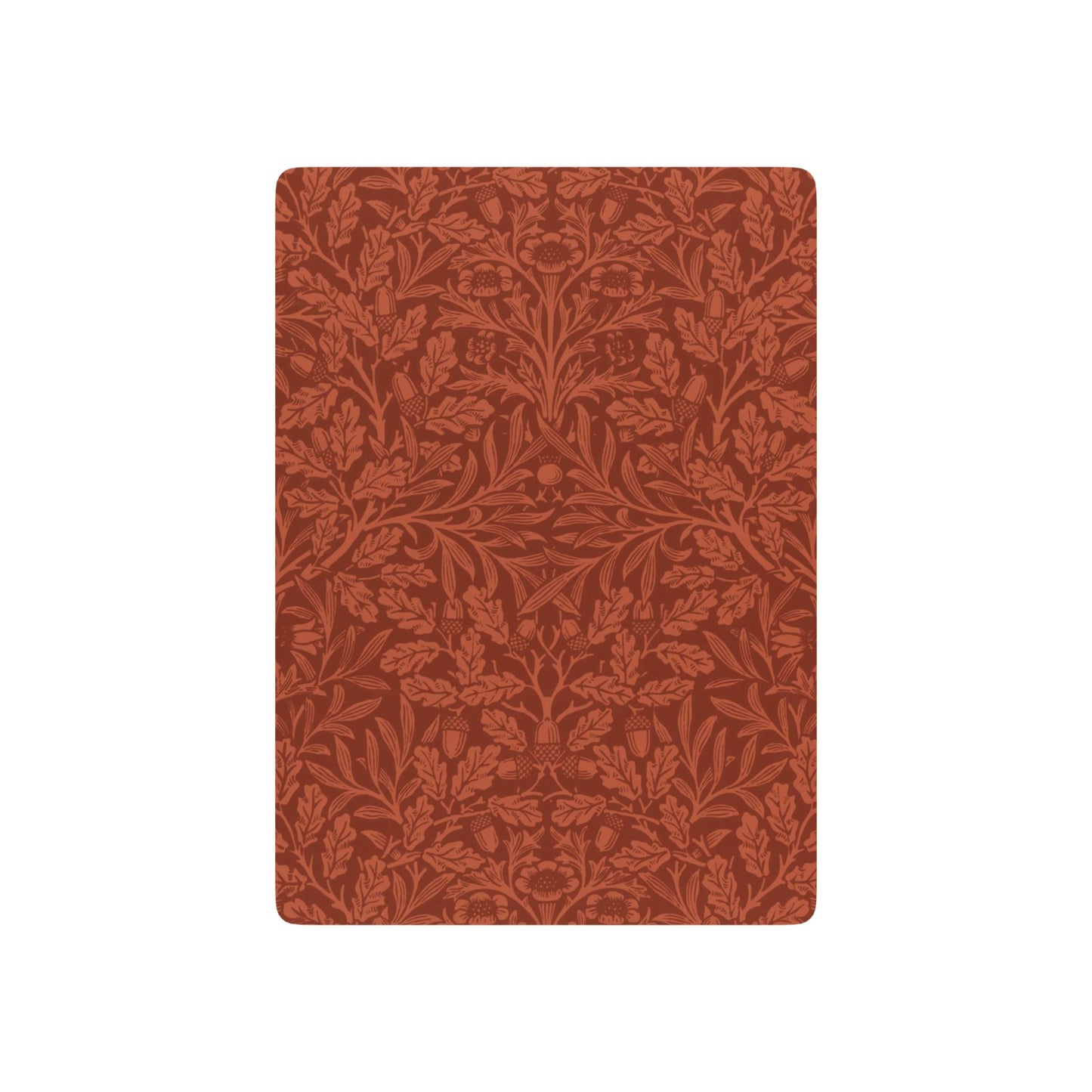 Rectangular red fabric sample with a leaf pattern on a white background