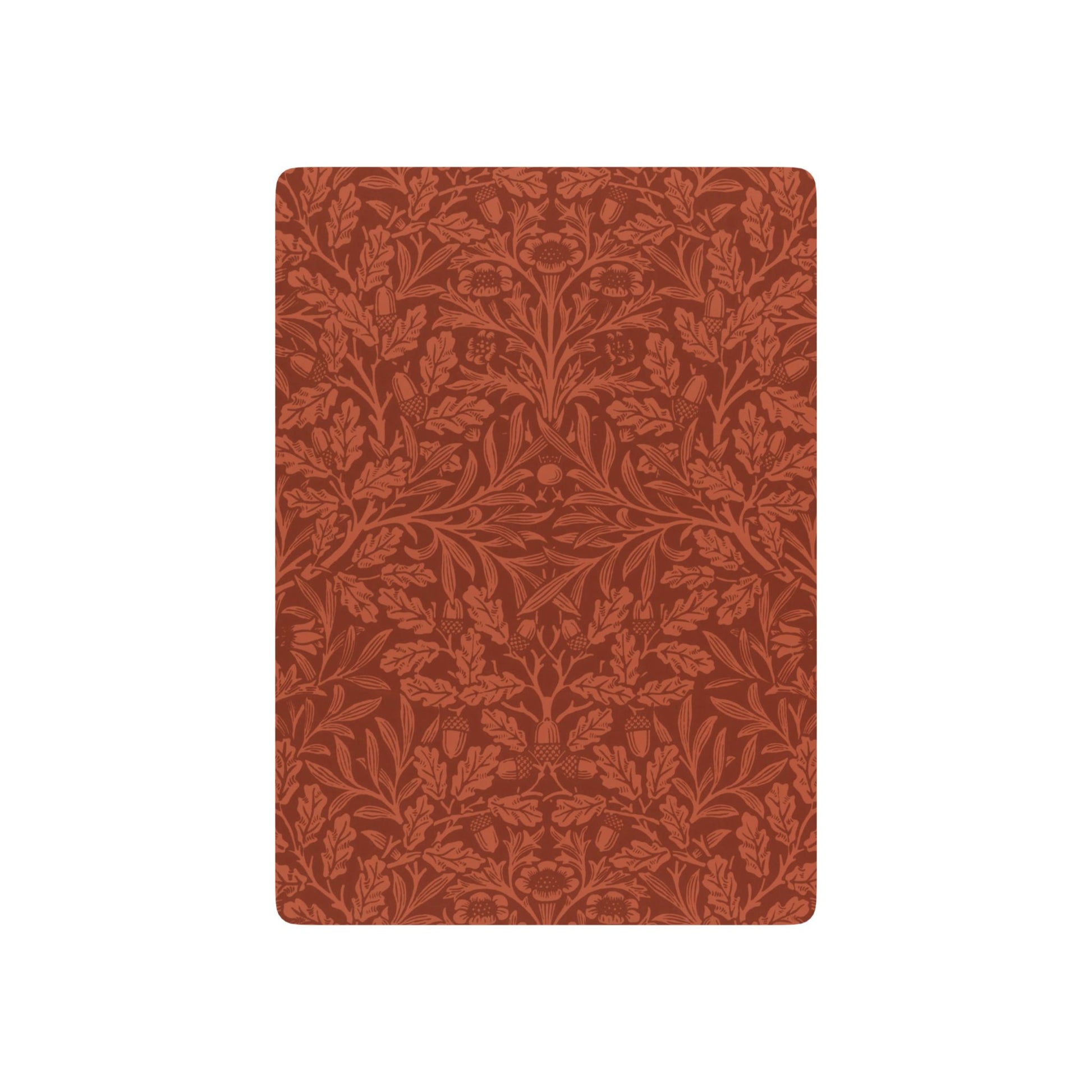 Rectangular red fabric sample with a leaf pattern on a white background