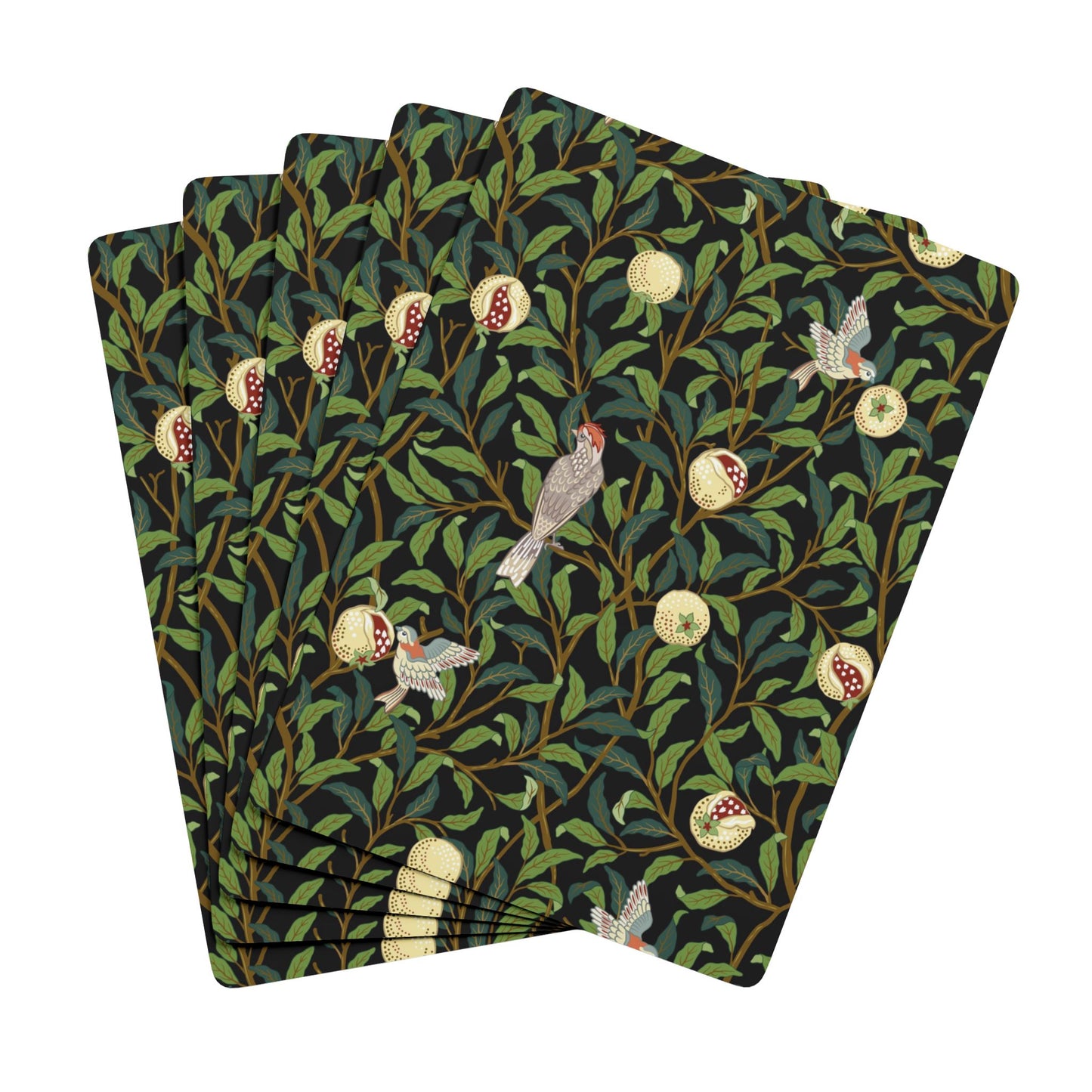 Set of four patterned napkins with birds and foliage design on a white background
