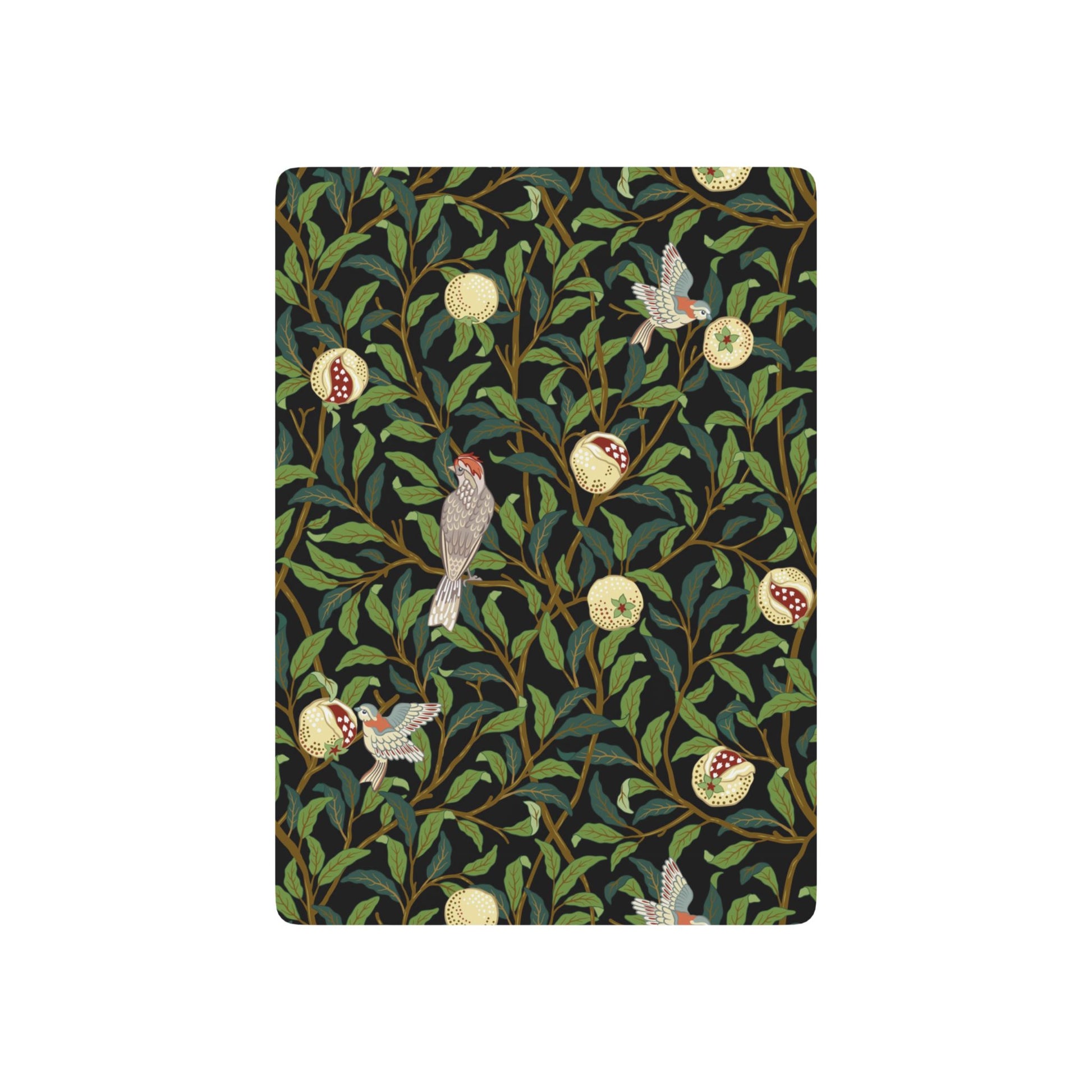 Decorative mat with nature-themed design featuring birds and leaves on a black background