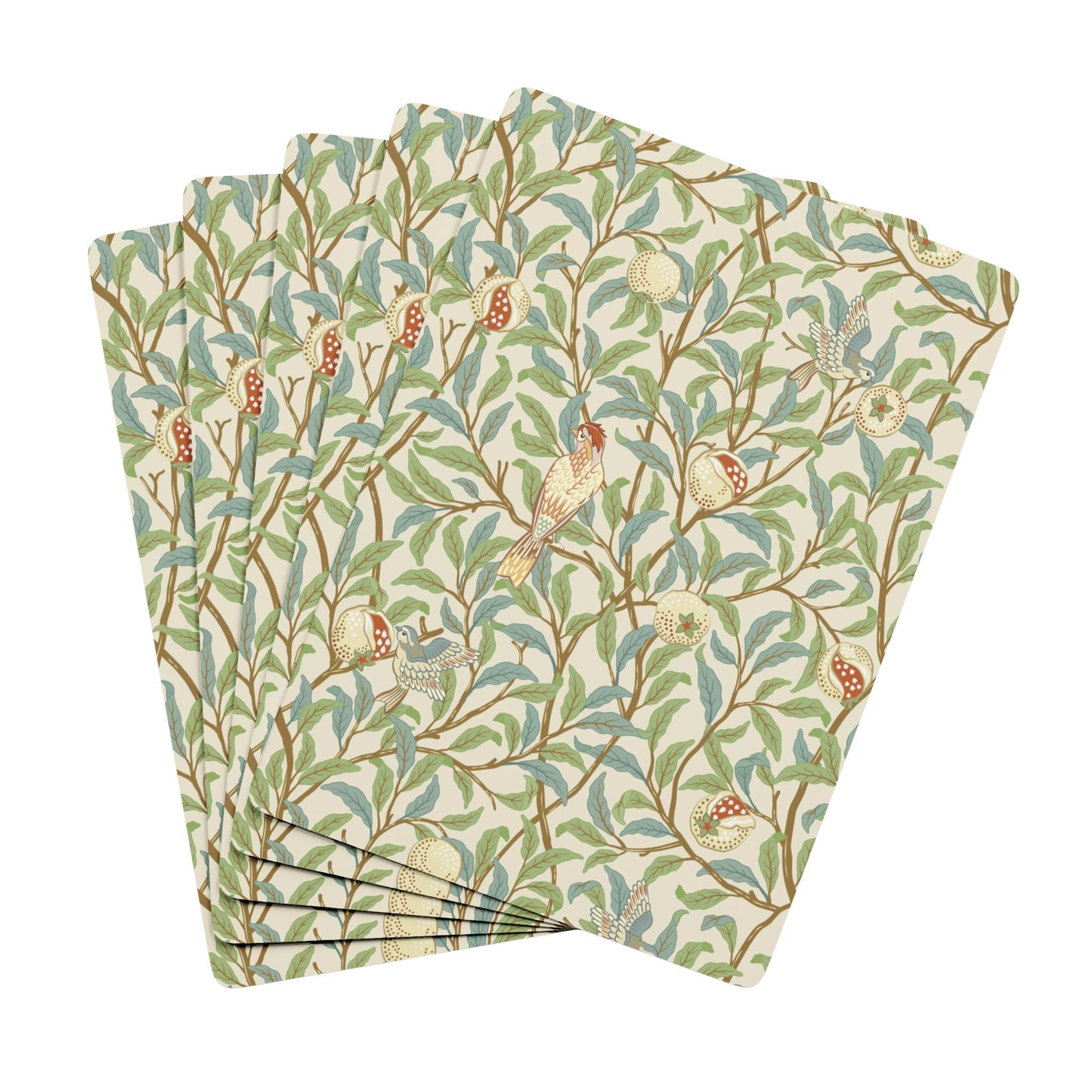 Set of three patterned paper napkins with nature-themed design on a white background
