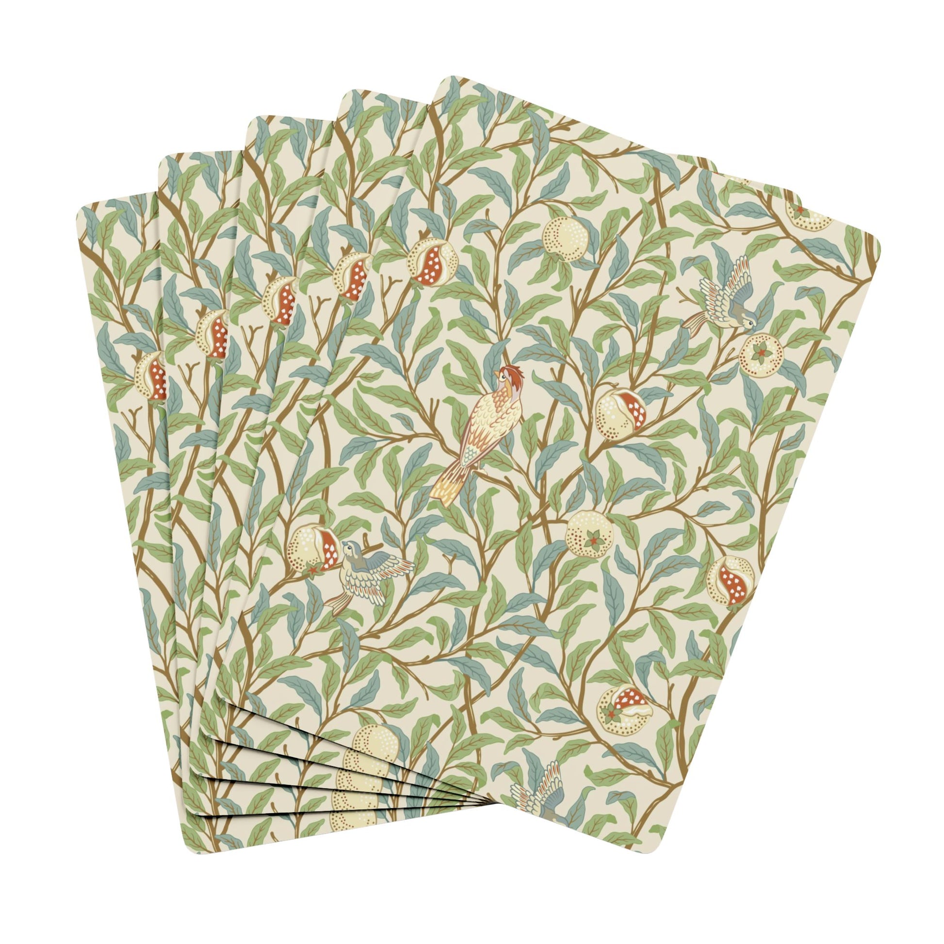 Set of three patterned paper napkins with nature-themed design on a white background